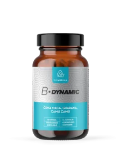 Steklenička prehranskega dopolnila Bioandina B-Dynamic s črno maco, guarano, camu camu in 60 kapsulami.